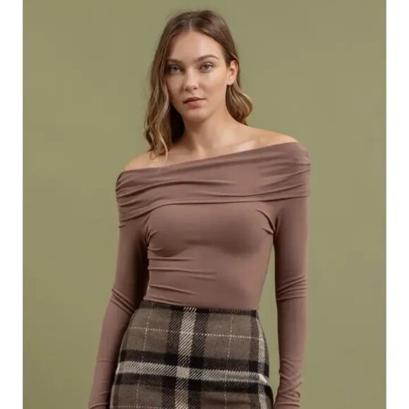 ($9) Off the Shoulder Foldover Long Sleeve Knit Top - Picture 3 of 5